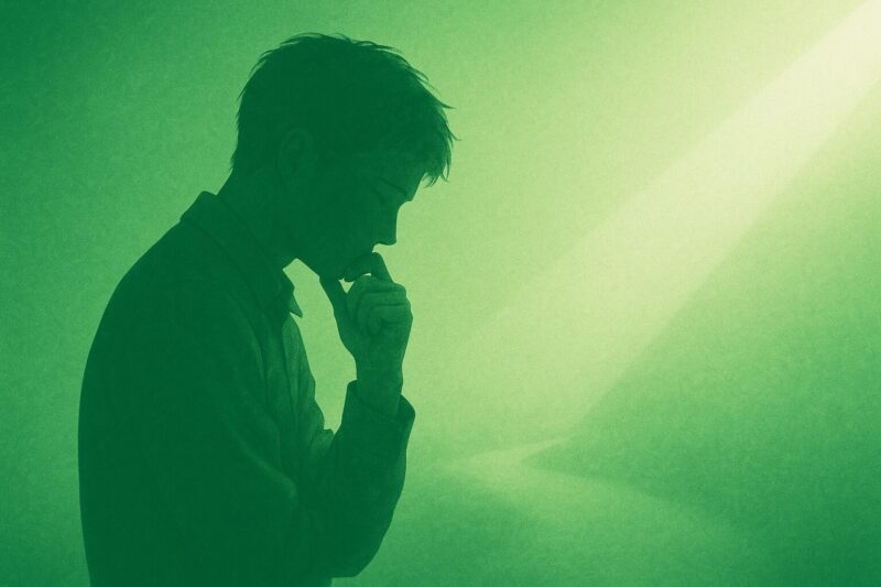 悩むINFJ男性と光が差すイメージ